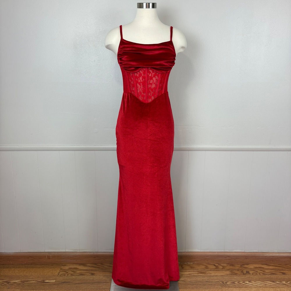 Red Velvet Lace Corset Gown Size S Cowl Neck Bodycon Siren Vamp Sexy Whimsygoth